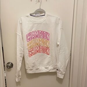 Champion White Crewneck Sweatshirt with Pink, Yellow and Red Stacked Logo